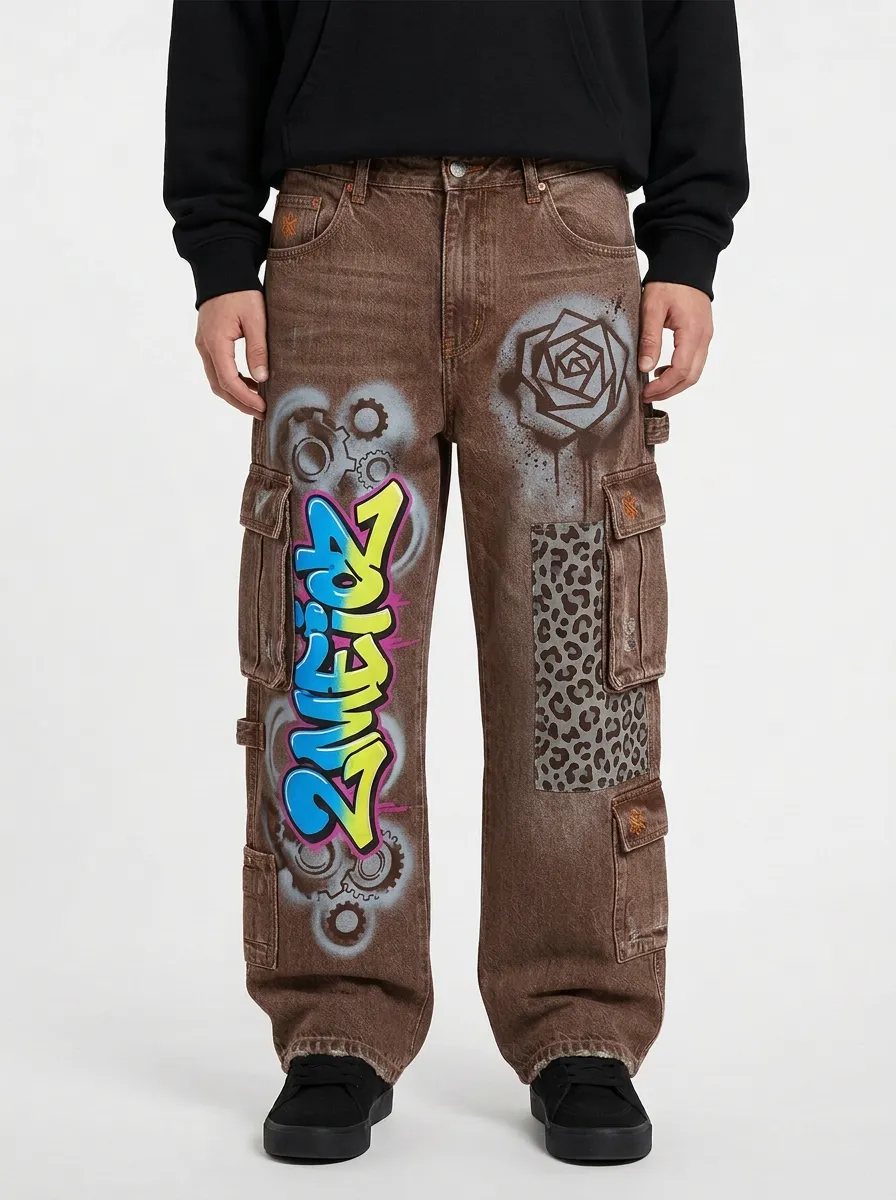 Men's Streetwear Graffiti Rose Leopard Graphic Cargo Jeans