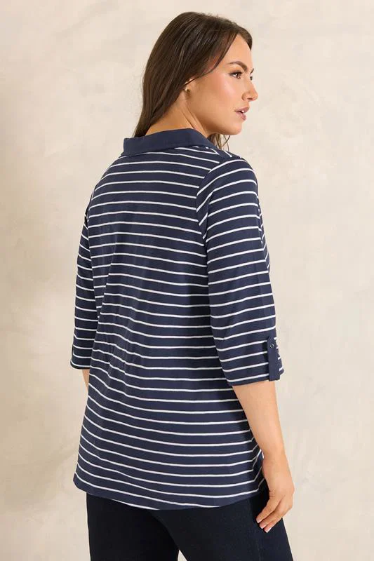 Navy Blue Stripe Pintuck Henley Top detail 2