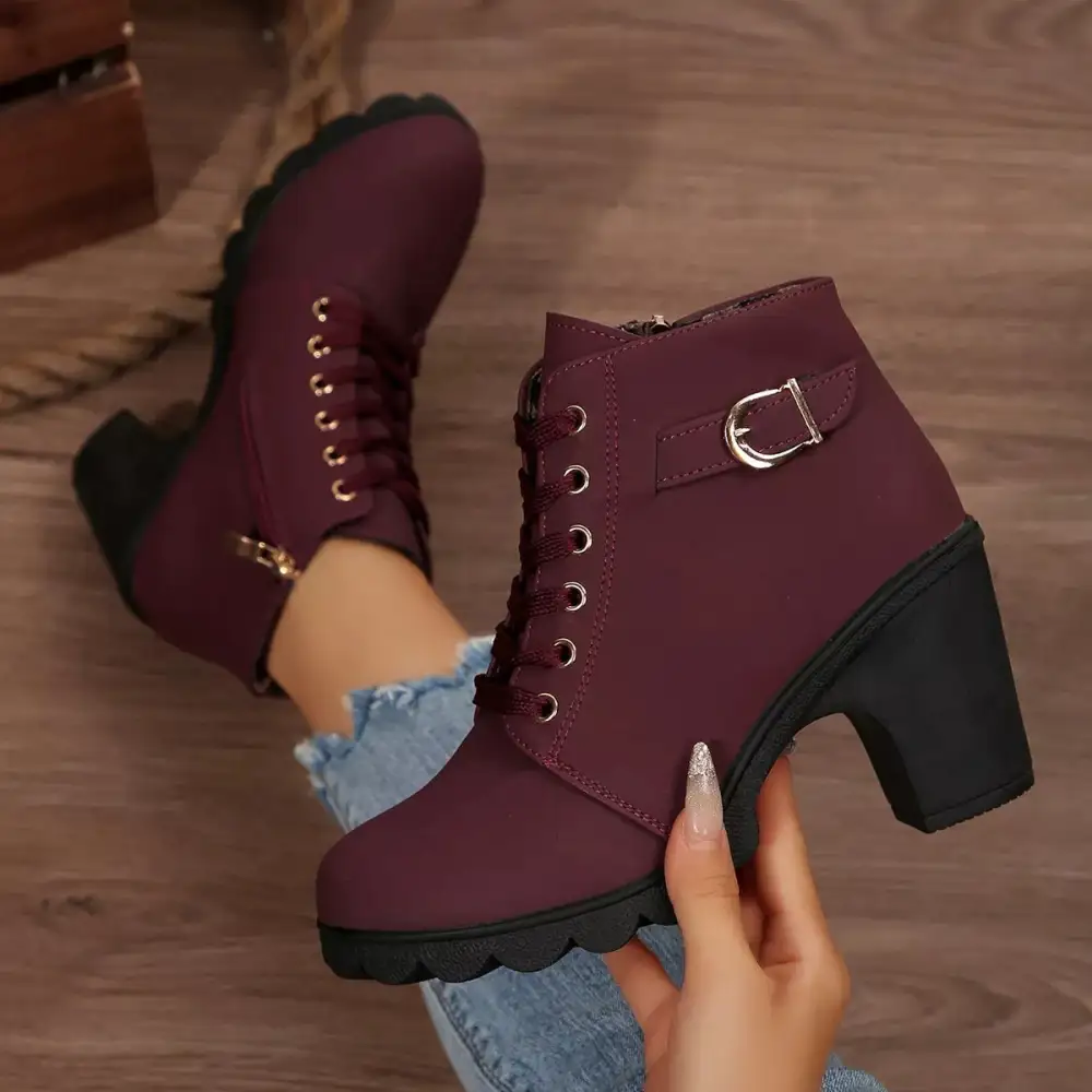 Lace-Up Buckle Chunky Heel Ankle Boots