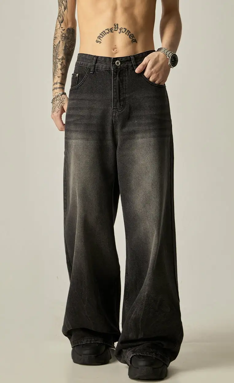 Wide-Leg Faded Washed Jeans