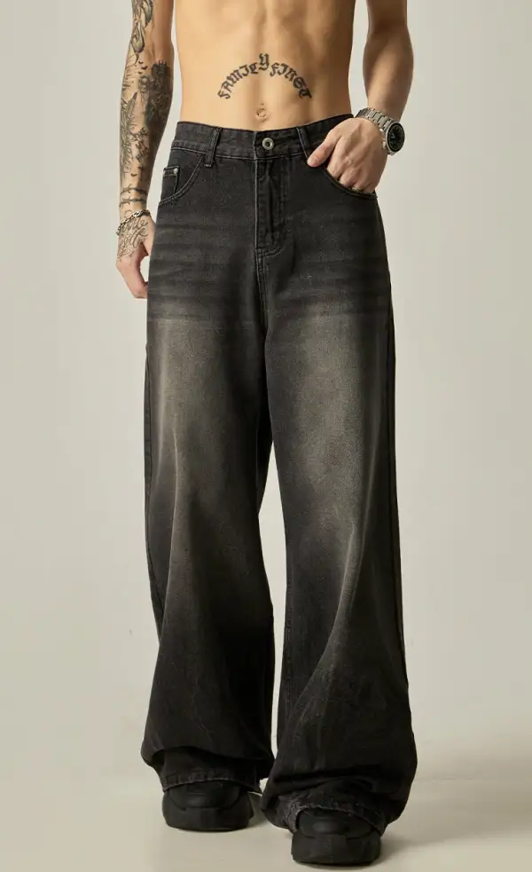 Wide-Leg Faded Washed Jeans