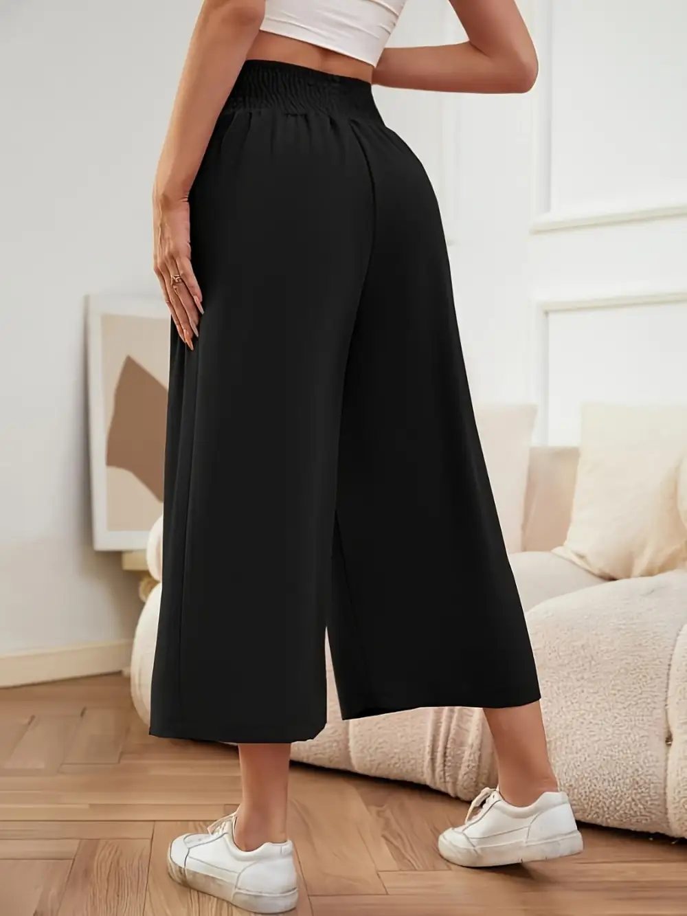 Draped Elastic Waist Wide Leg Pants