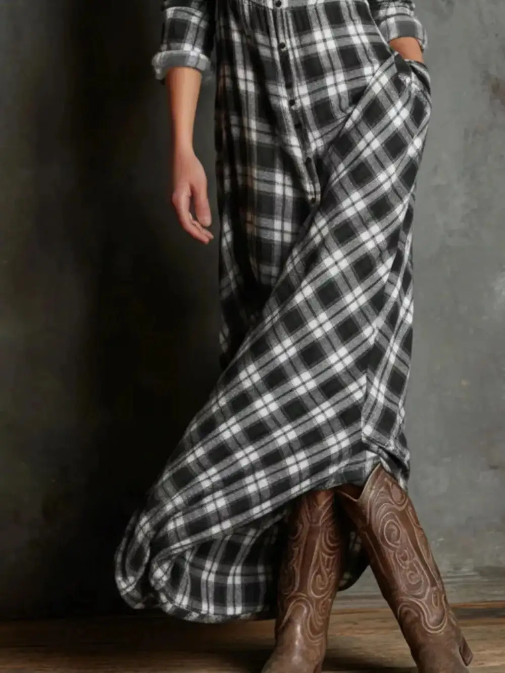 Drape Plaid Button Front Maxi Dress