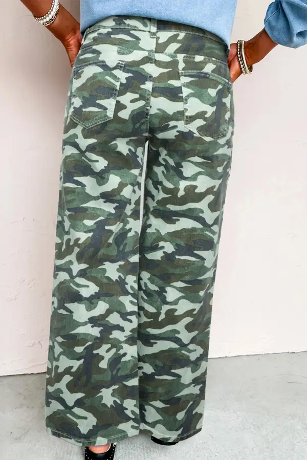 Women's Camouflage Print Wide Leg Drawstring Denim Pants