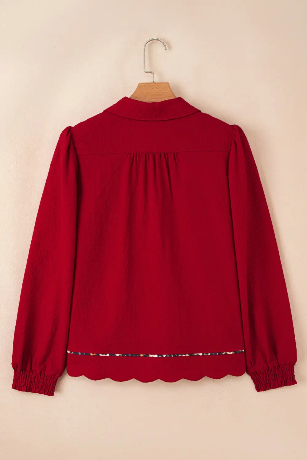 Fiery Red Collar V Neck Leopard Contrasted Trim Textured Blouse