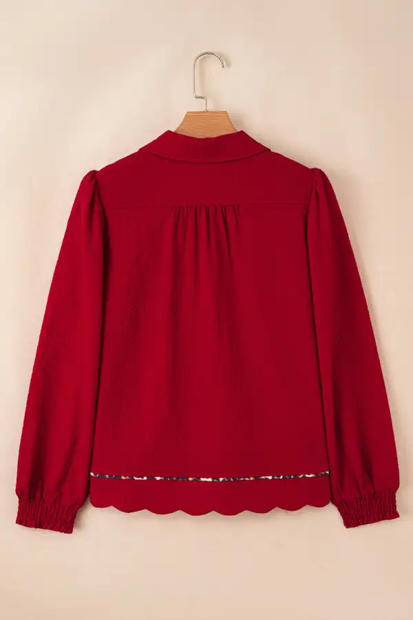 Fiery Red Collar V Neck Leopard Contrasted Trim Textured Blouse