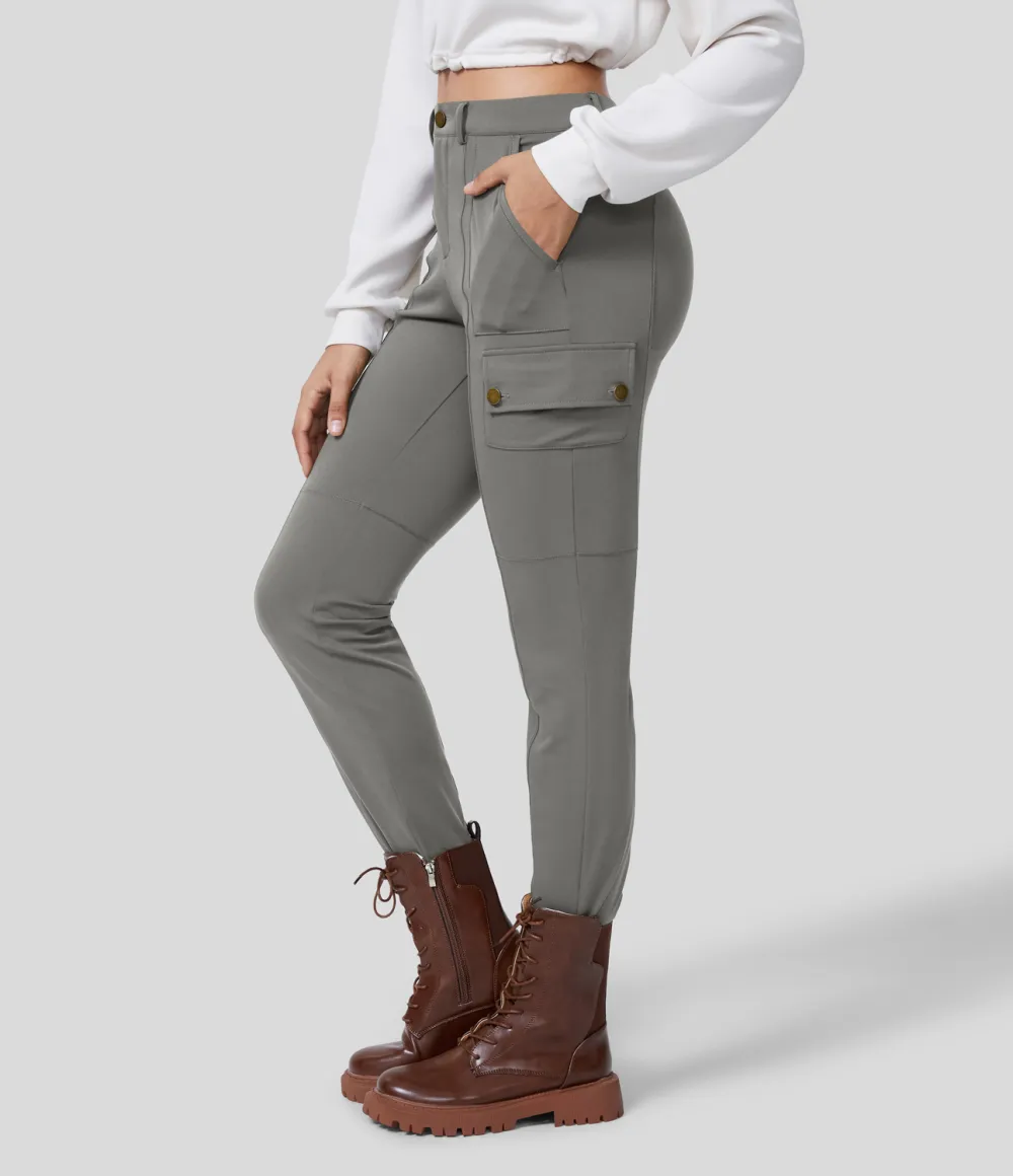 High Waisted Button Zipper Multiple Pockets Solid Skinny Cargo Pants