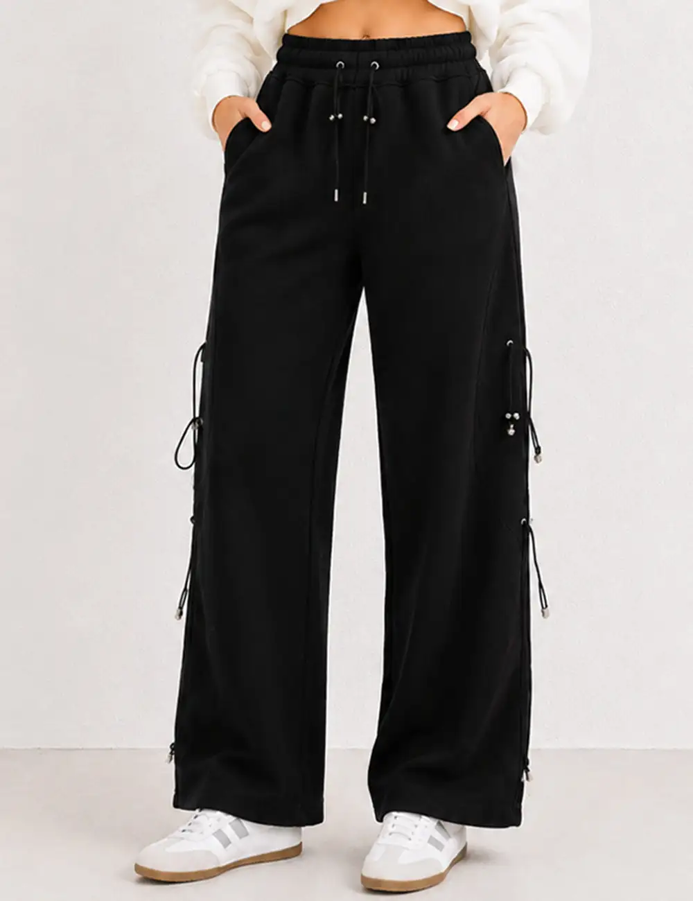 Drawstring Metal Toggle Elastic Waist Wide Leg Pants
