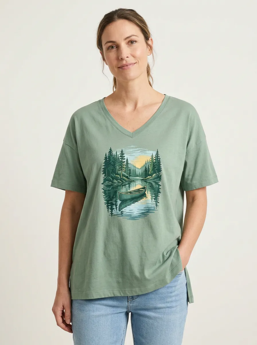 Women's Nature-Inspired Canoe Lake & Forest Graphic V-Neck T-Shirt