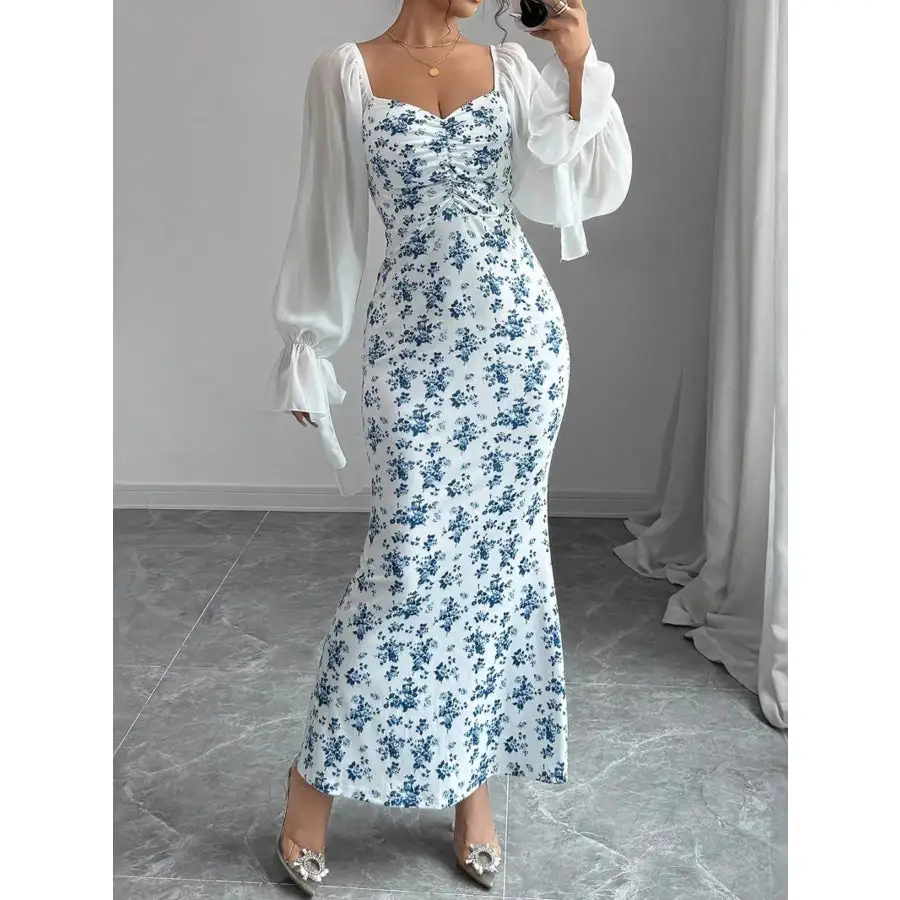 Floral Print Sweetheart Neckline Maxi Dress