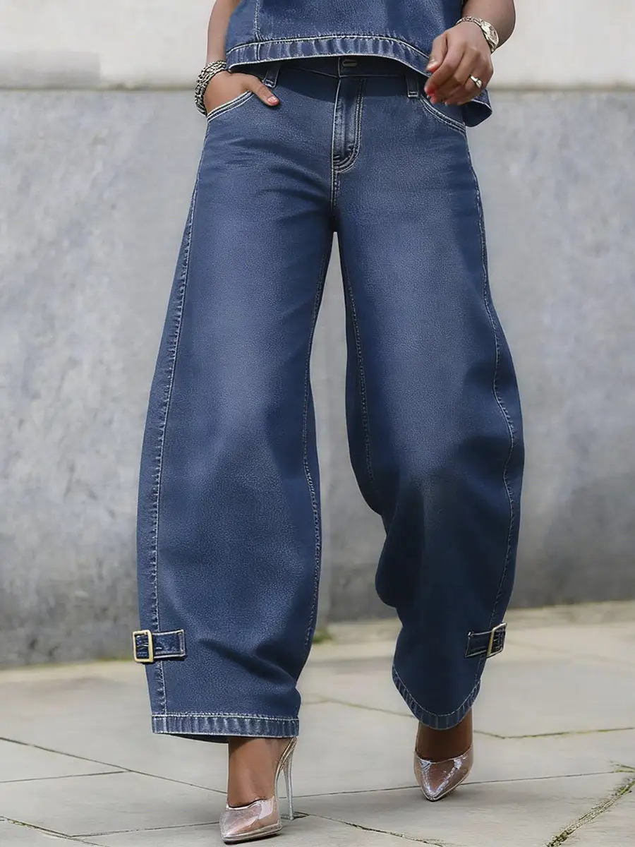 Minimal High Waist Wide Leg Buckle Detail Pocket Jeans