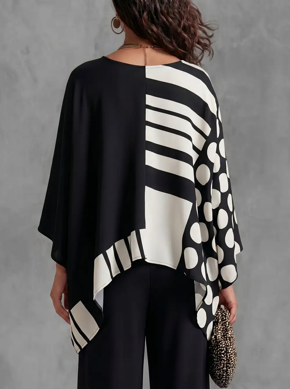 Batwing Sleeve Long Sleeve Contrast Polka Dot Print Round Neck T-Shirt