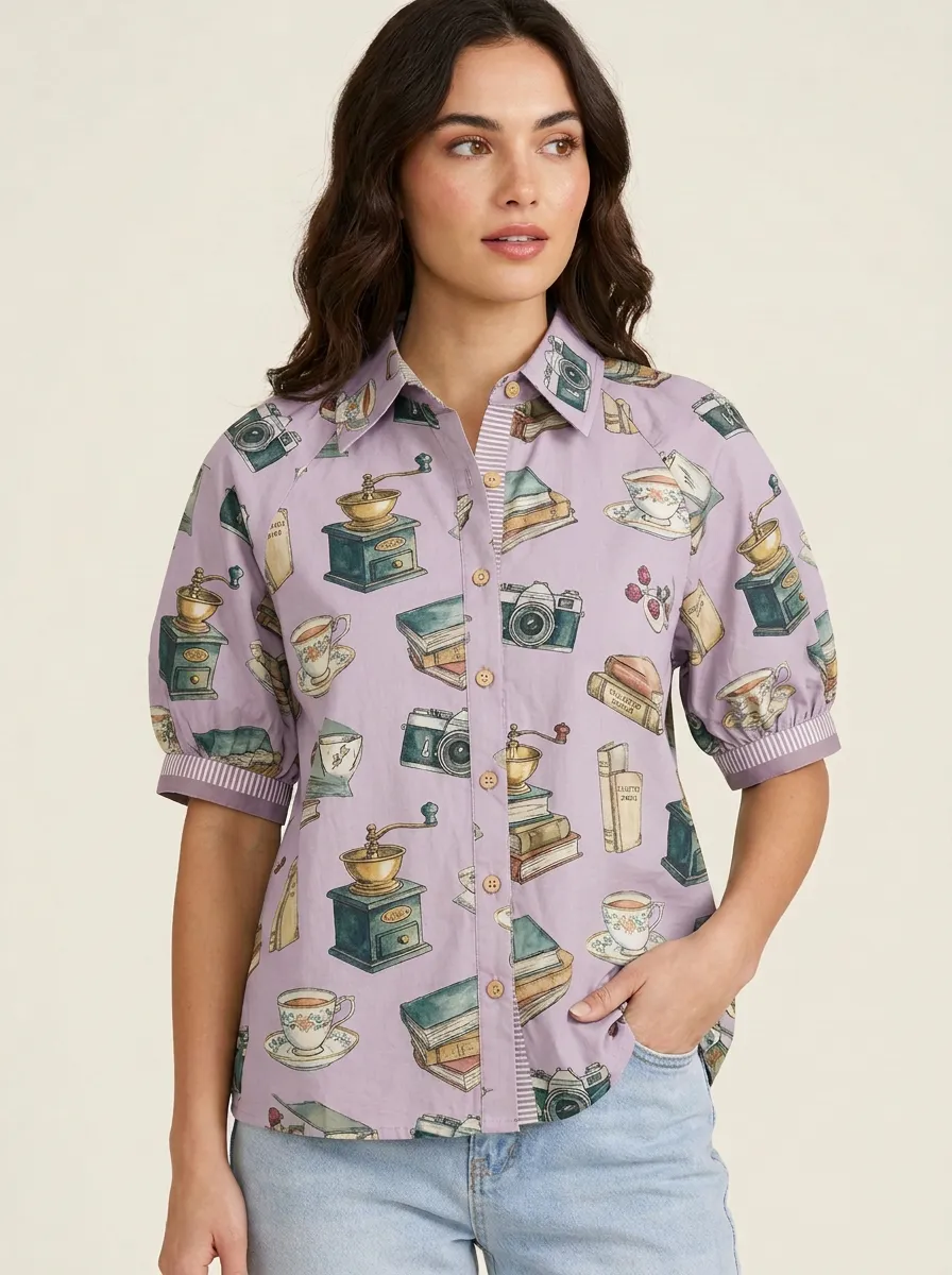 Women's Coffee Book Camera Hobby Graphic Button-Up Shirt
