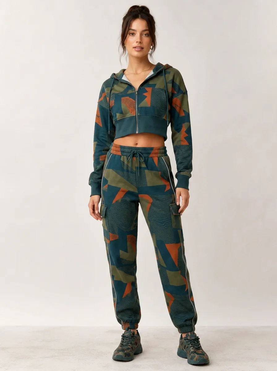 Women's Geometric Pattern Printed Crop Hoodie Cargo Jogger Set