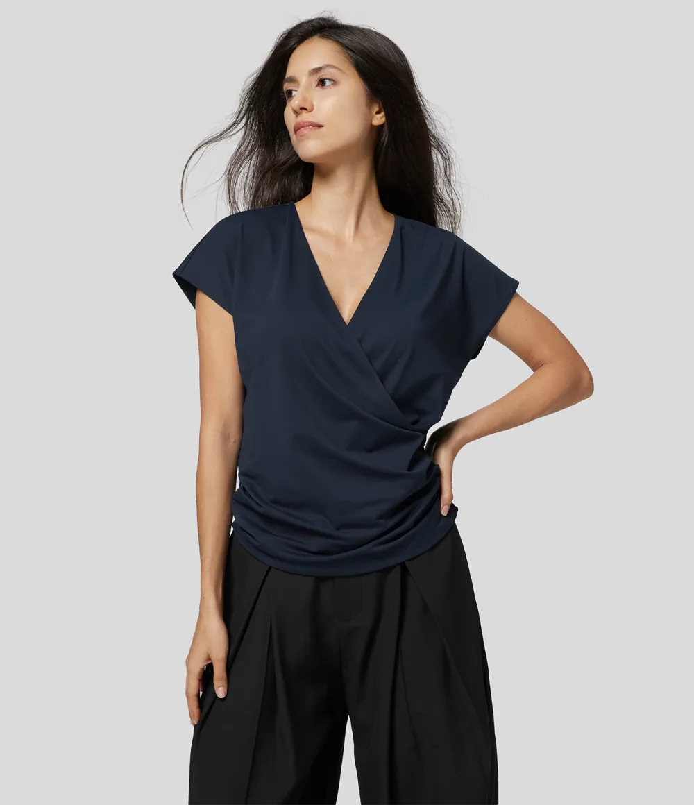 V Neck Cap Sleeve Crossover Ruched Solid Work Blouse