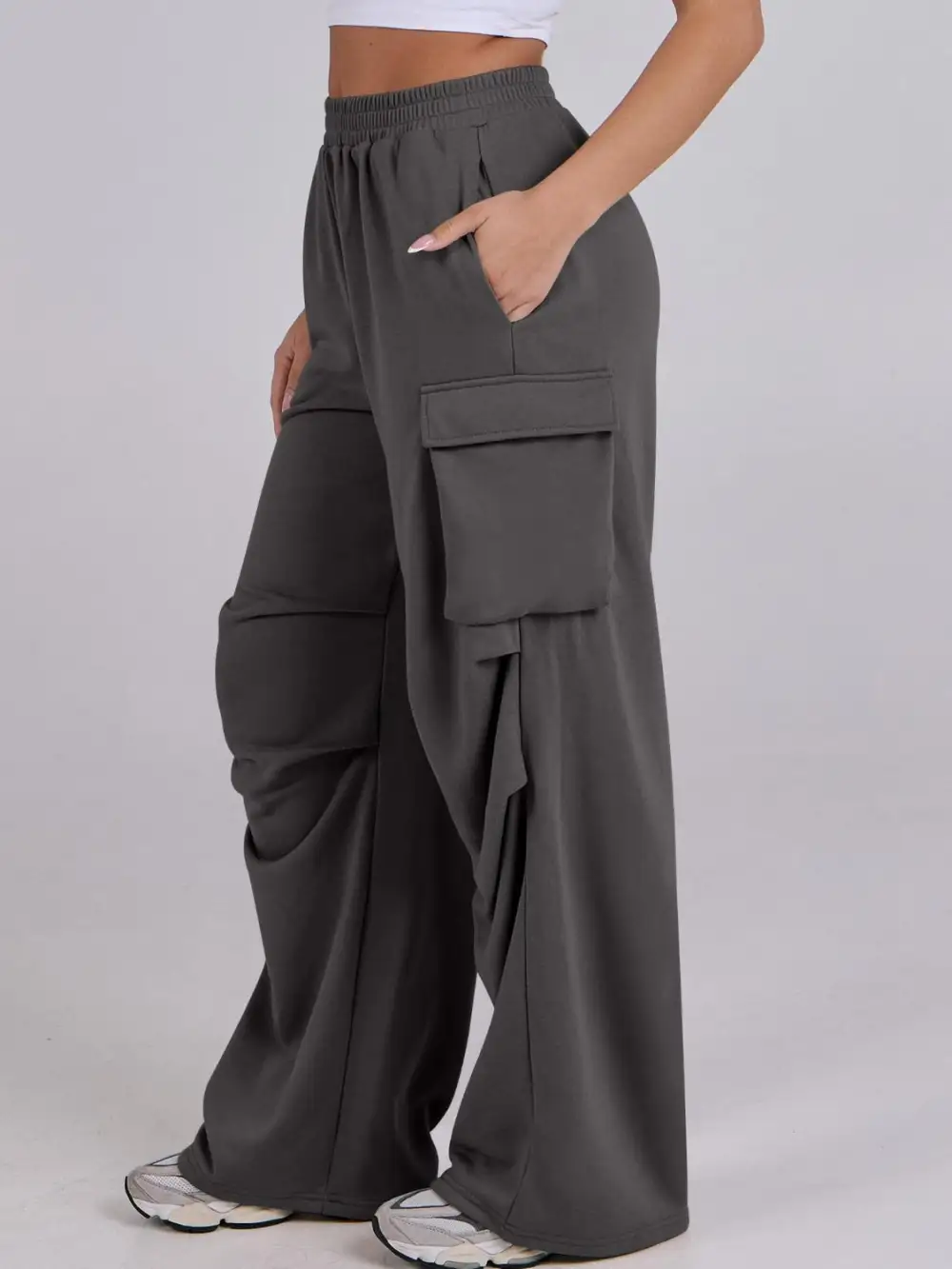 Elastic Waist Wide Leg Pants With Pocket