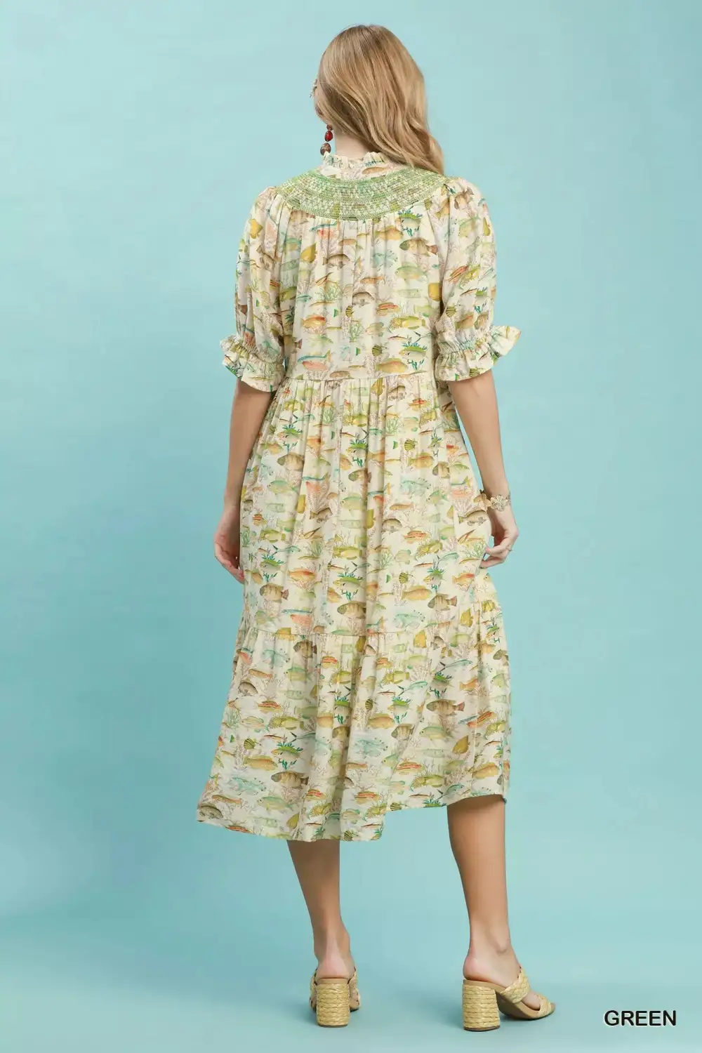 V-Neck Puff Sleeve Tiered Smocked Midi Dress