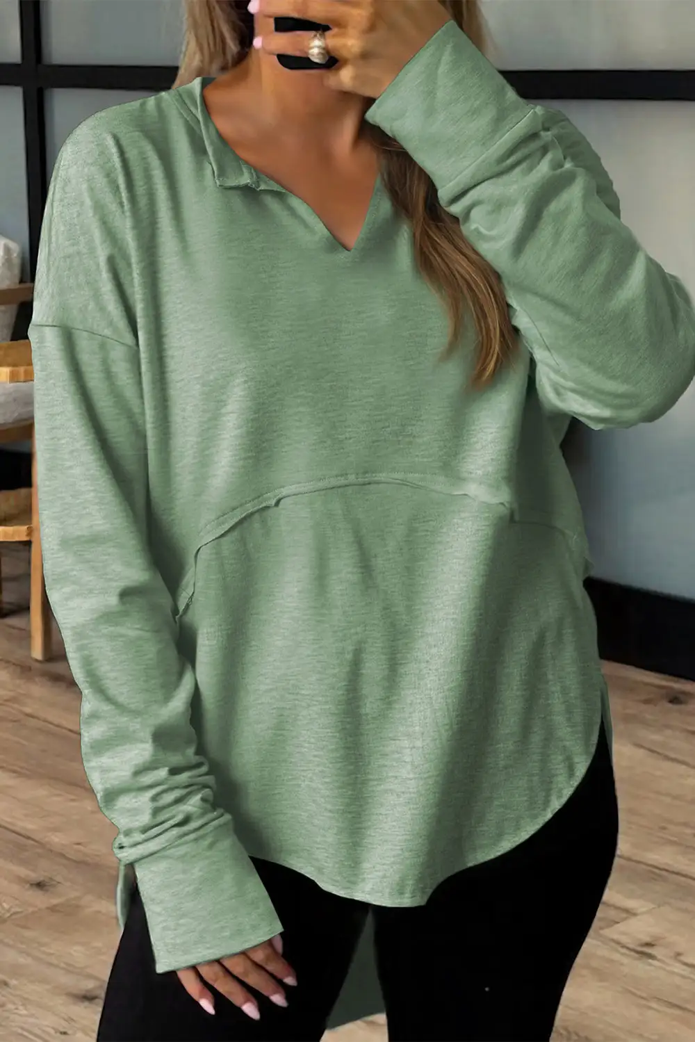Women's Terry Notched Neck Long Sleeve Top