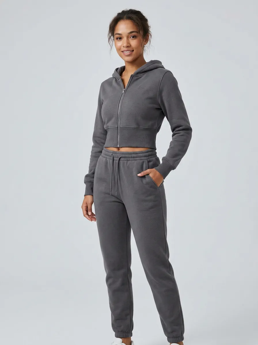 Women's Casual Sporty Charcoal Grey Cropped Zip Hoodie Jogger Set