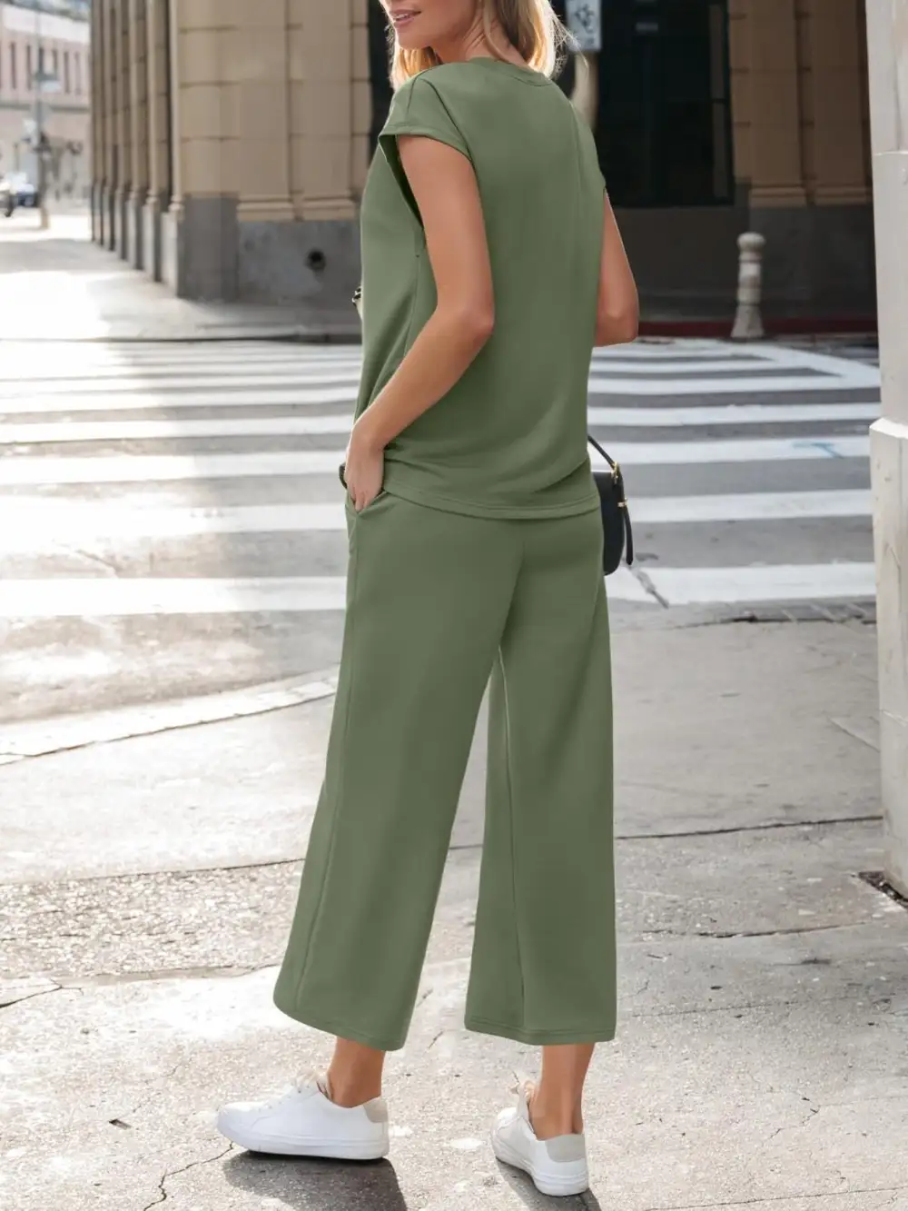 Notched Short Sleeve Top and Pants Set