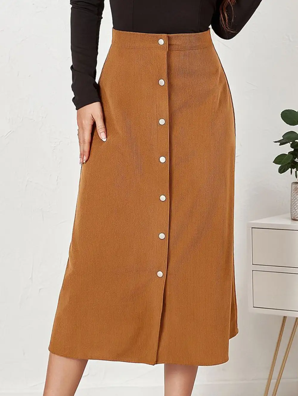Corduroy Button Front Midi Skirt