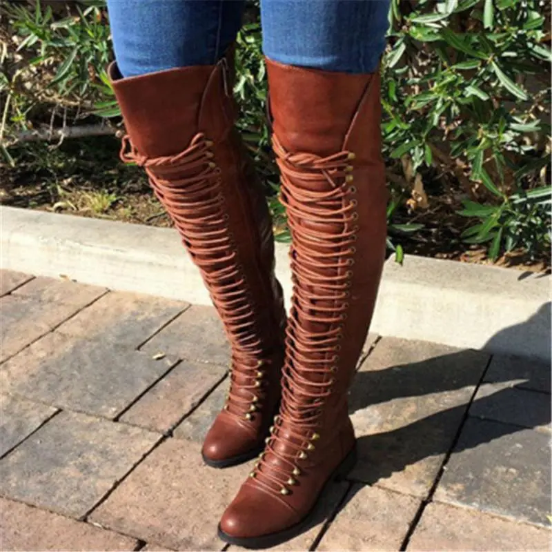 Low-Heel Thigh-High Zipper Boots With Front Lace