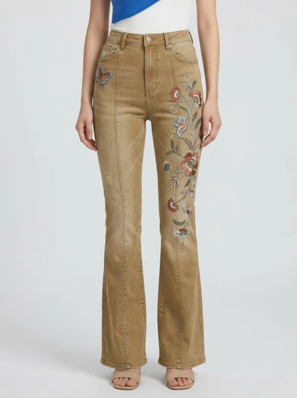 Women's Floral Butterfly Embroidered Denim Printed Flare Jeans