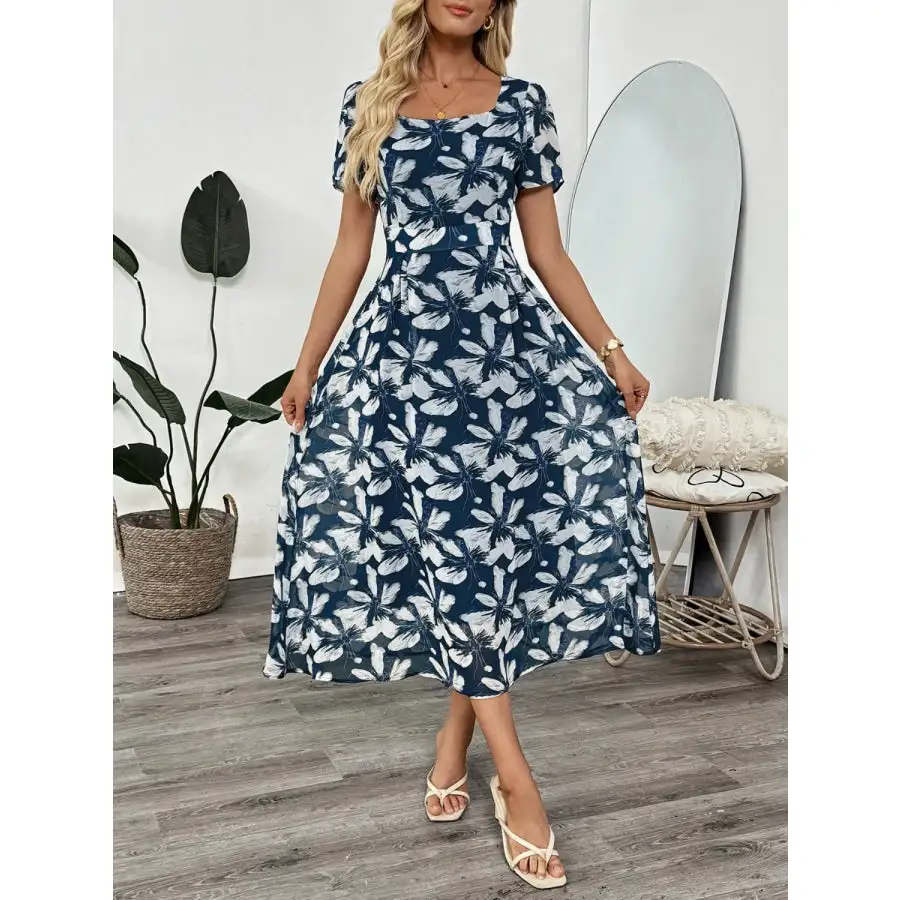 Printed Square Neck Midi Dress