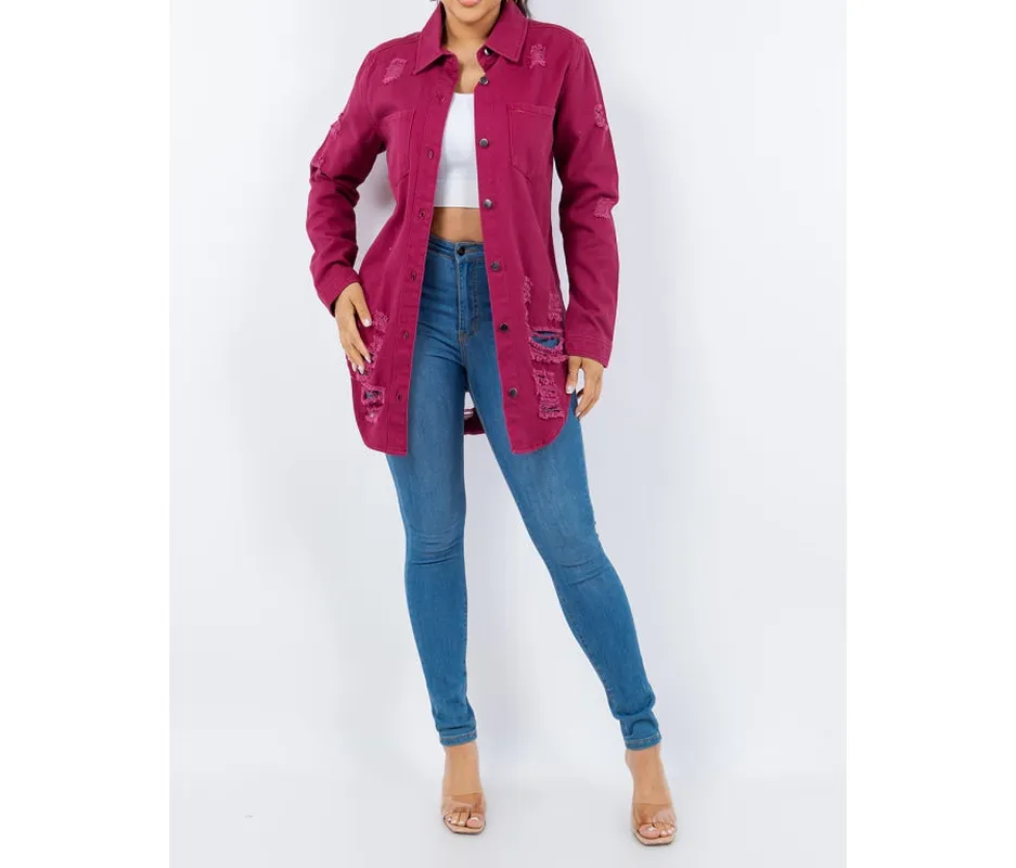 Distressed Button-Up Long-Sleeve Denim Jacket
