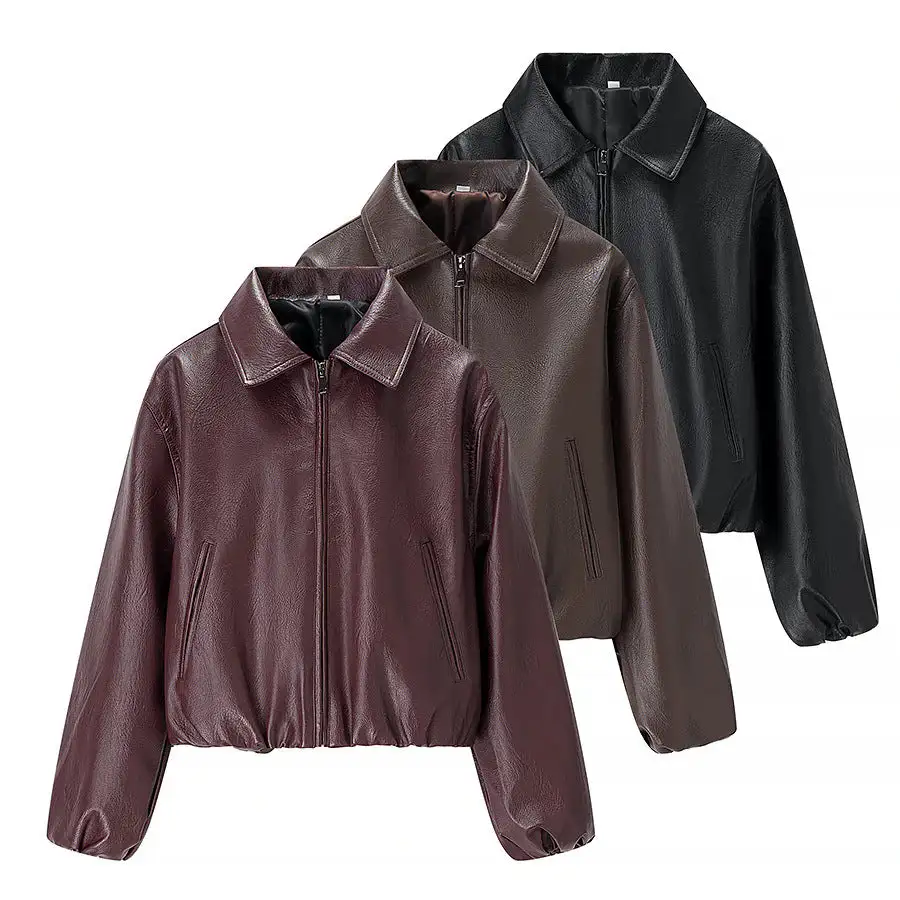 Cropped Faux Leather Shirt Collar Elastic Hem Bomber Jacket