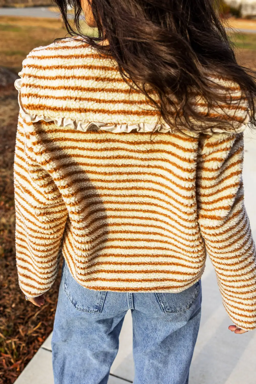 Women's Striped Fleece Button Front Long Sleeve Regular Fit Jacket