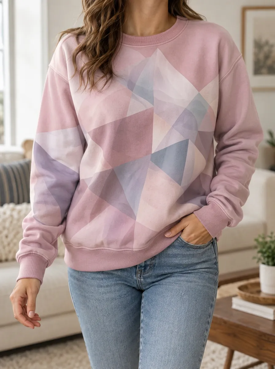 Women's Dusty Rose Geometric Print Crewneck Sweatshirt Fleece