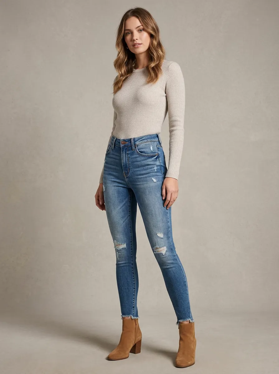 Women's High-Waisted Distressed Frayed Hem Slim Fit Jeans