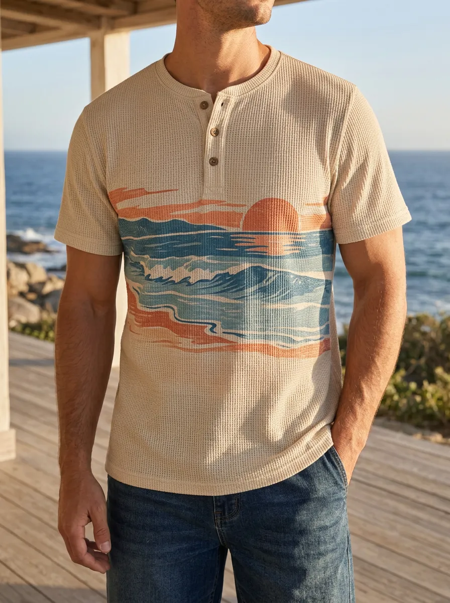 Men's Modern Beach Lover Sunset Ocean Wave Henley T-Shirt