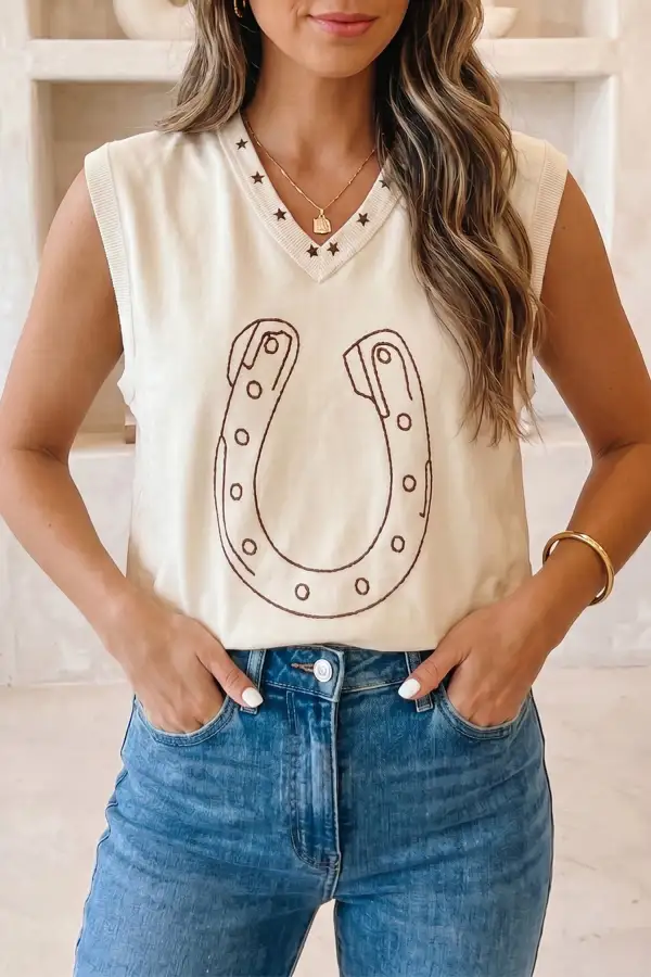 V-Neck Relaxed Ribbed Embroidered Tank Top