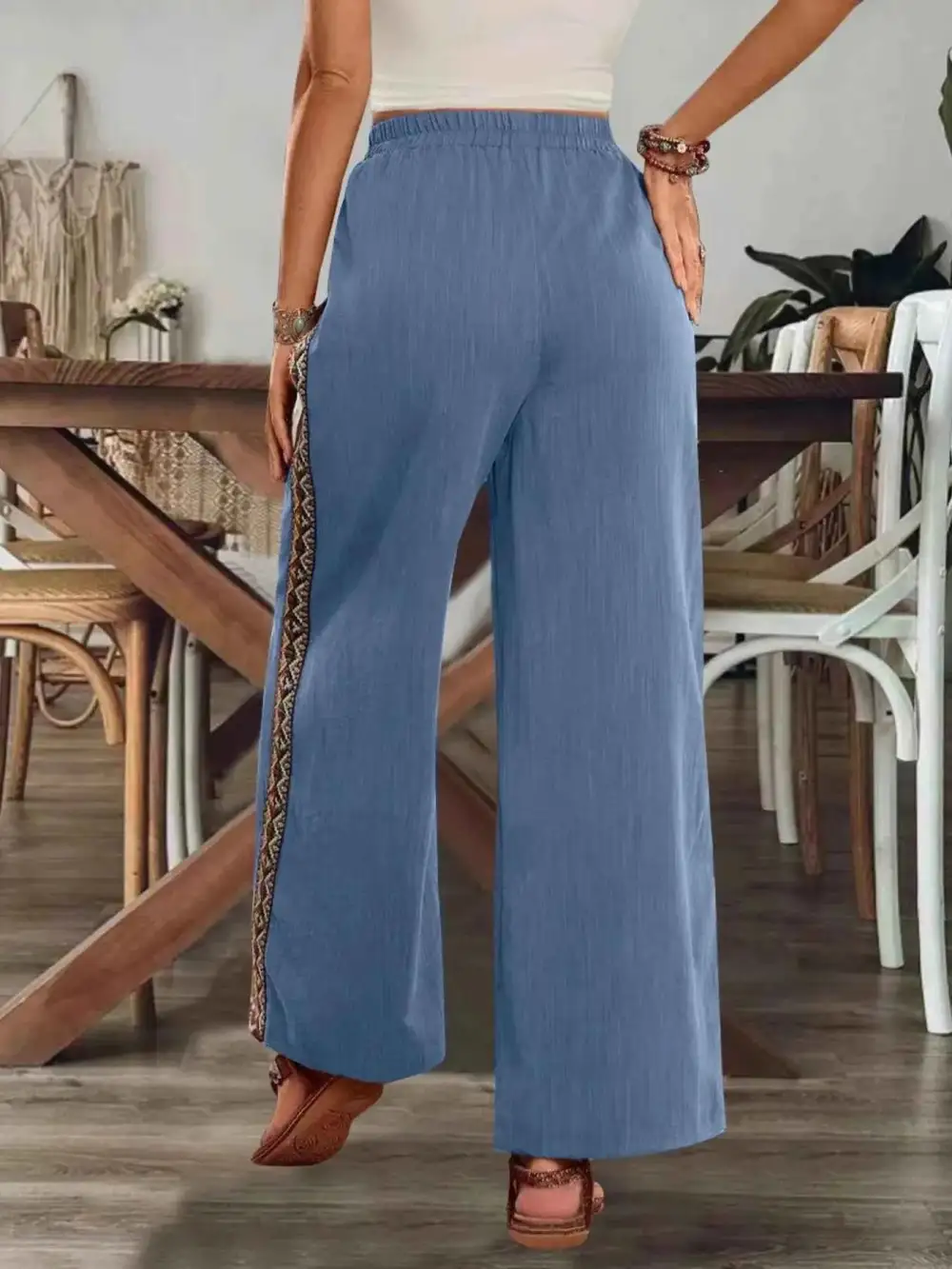 Bohemian Wide-Leg Embroidered Side Stripe Pants