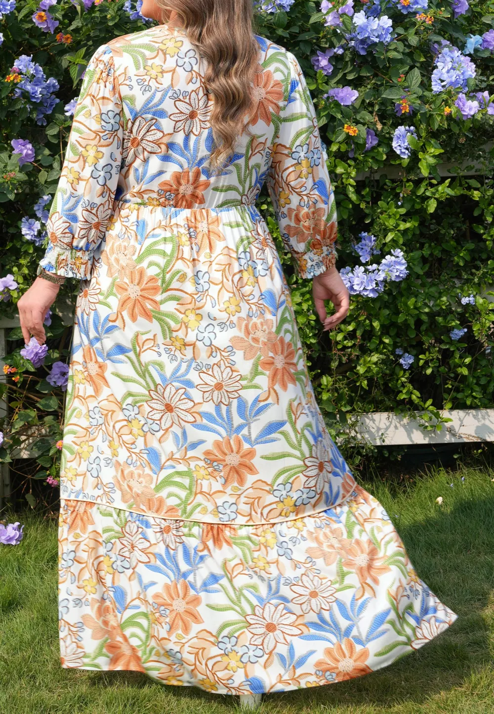 Floral Print Sleeves Tiered Plus Fit Long Dress