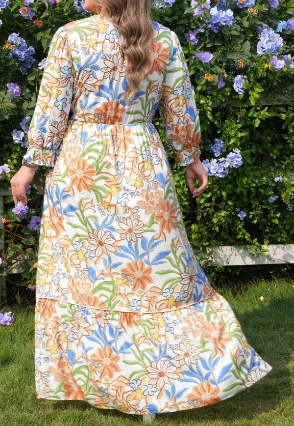 Floral Print Sleeves Tiered Plus Fit Long Dress