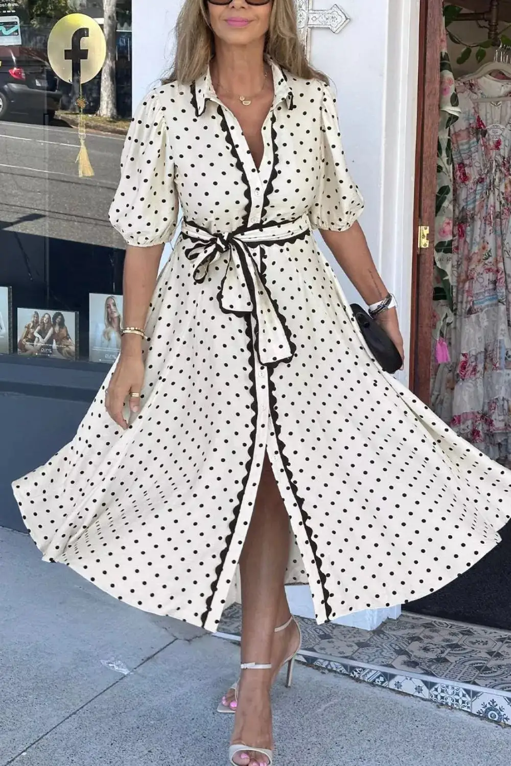 Polka Dot Short Sleeve Midi Dress