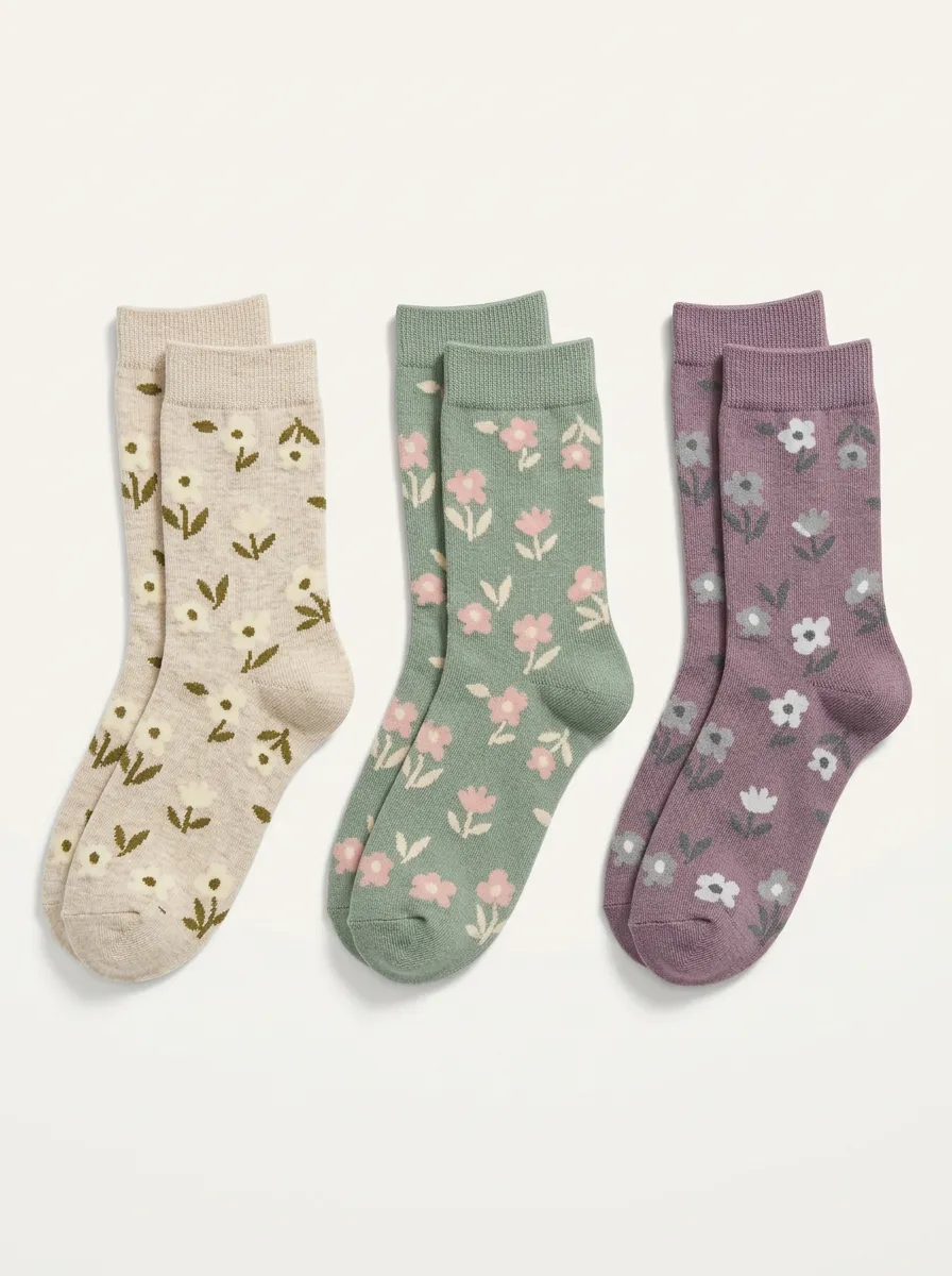 Women's 3-Pair Floral Pattern Crew Sock Set