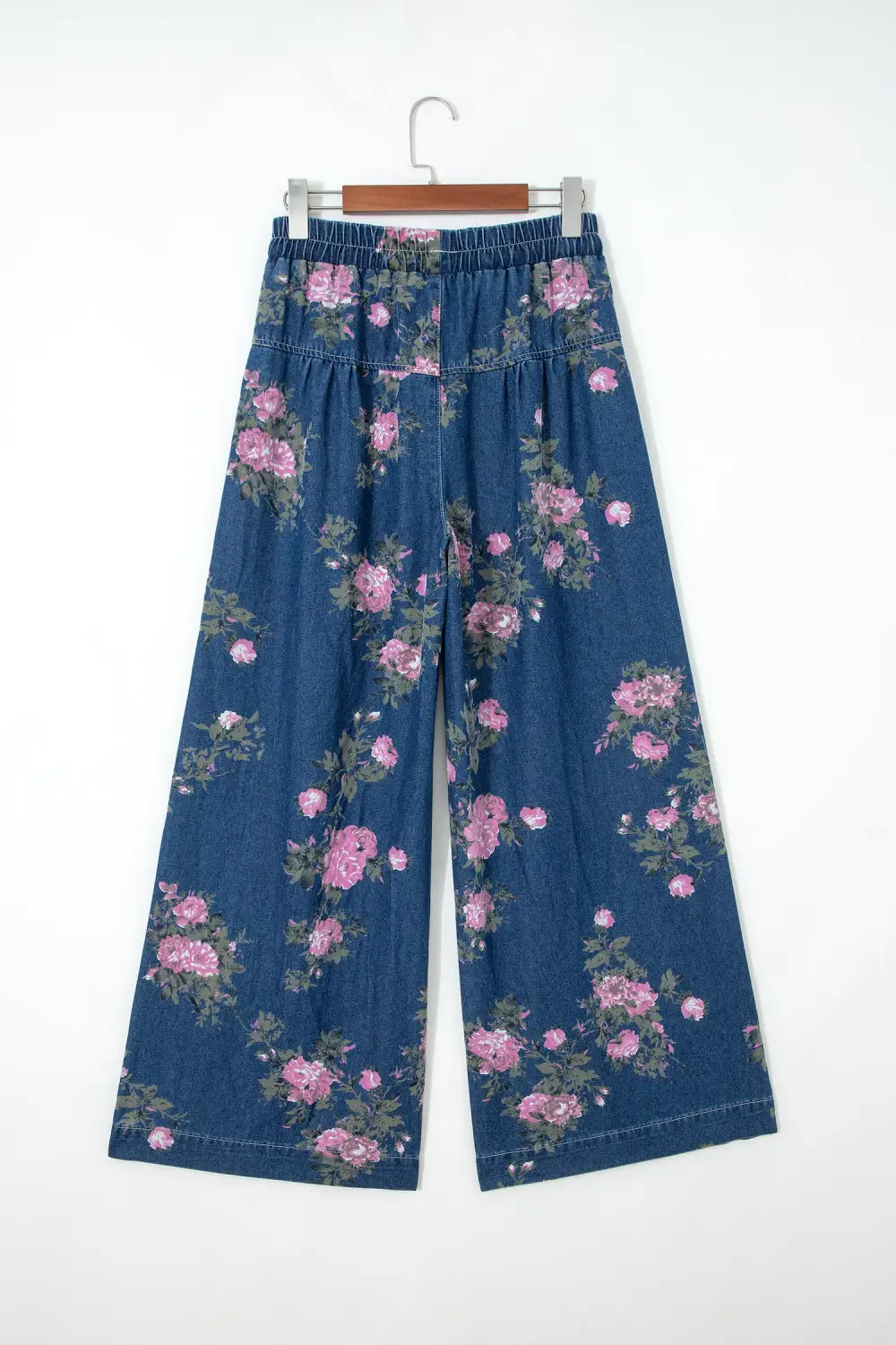 Women's Retro Floral Print Tie Elastic Waist Button Pintuck Wide Leg Jeans