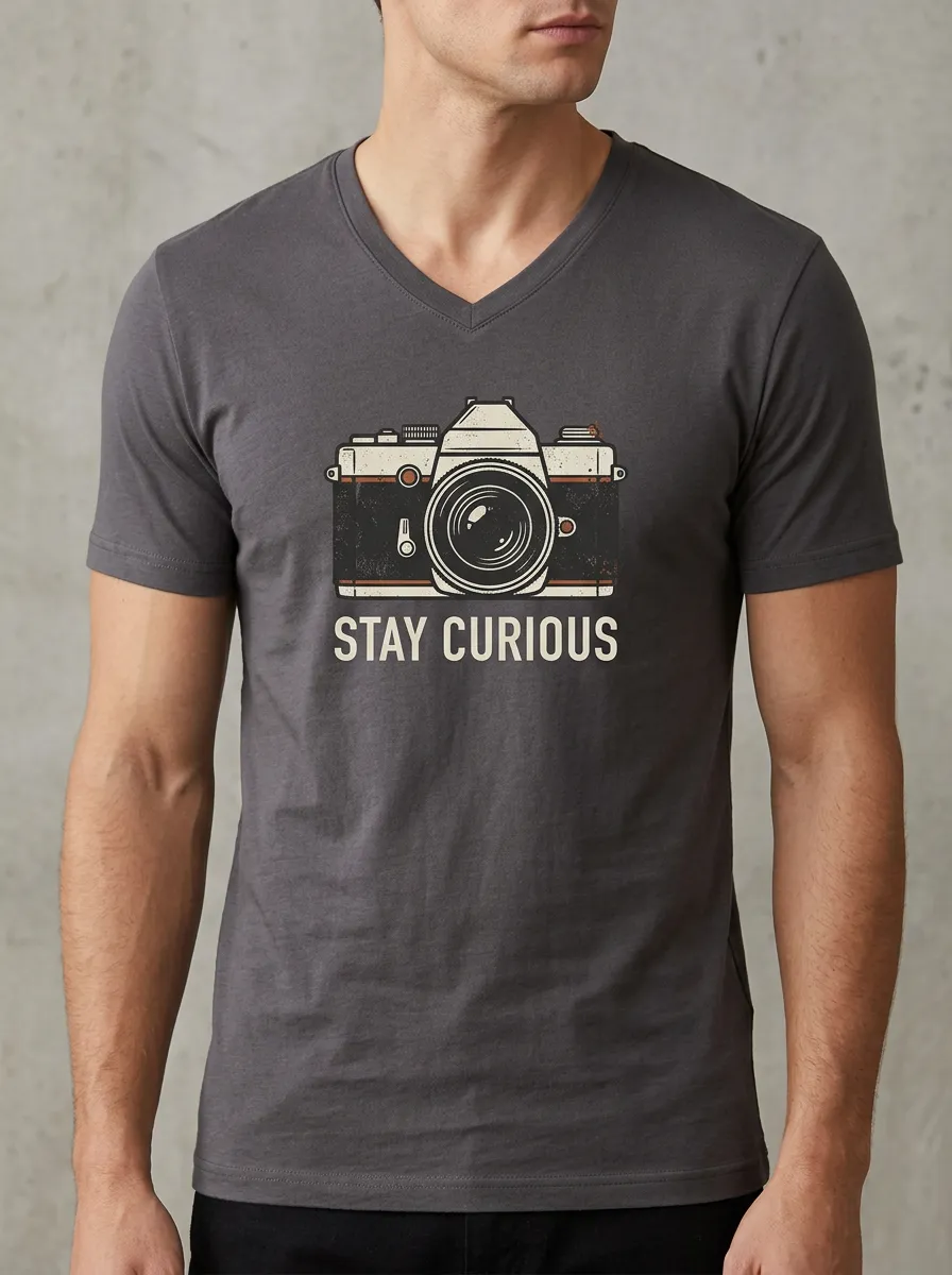 Men's Photographer Stay Curious Vintage Camera Printed V-neck T-shirt