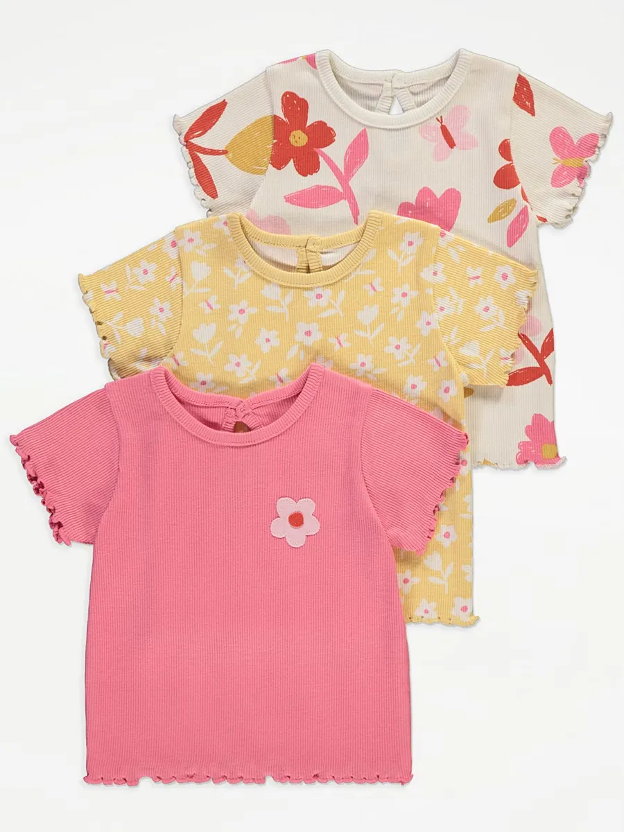 Floral Ribbed Lettuce Edge Short Sleeve Tops 3 Pack