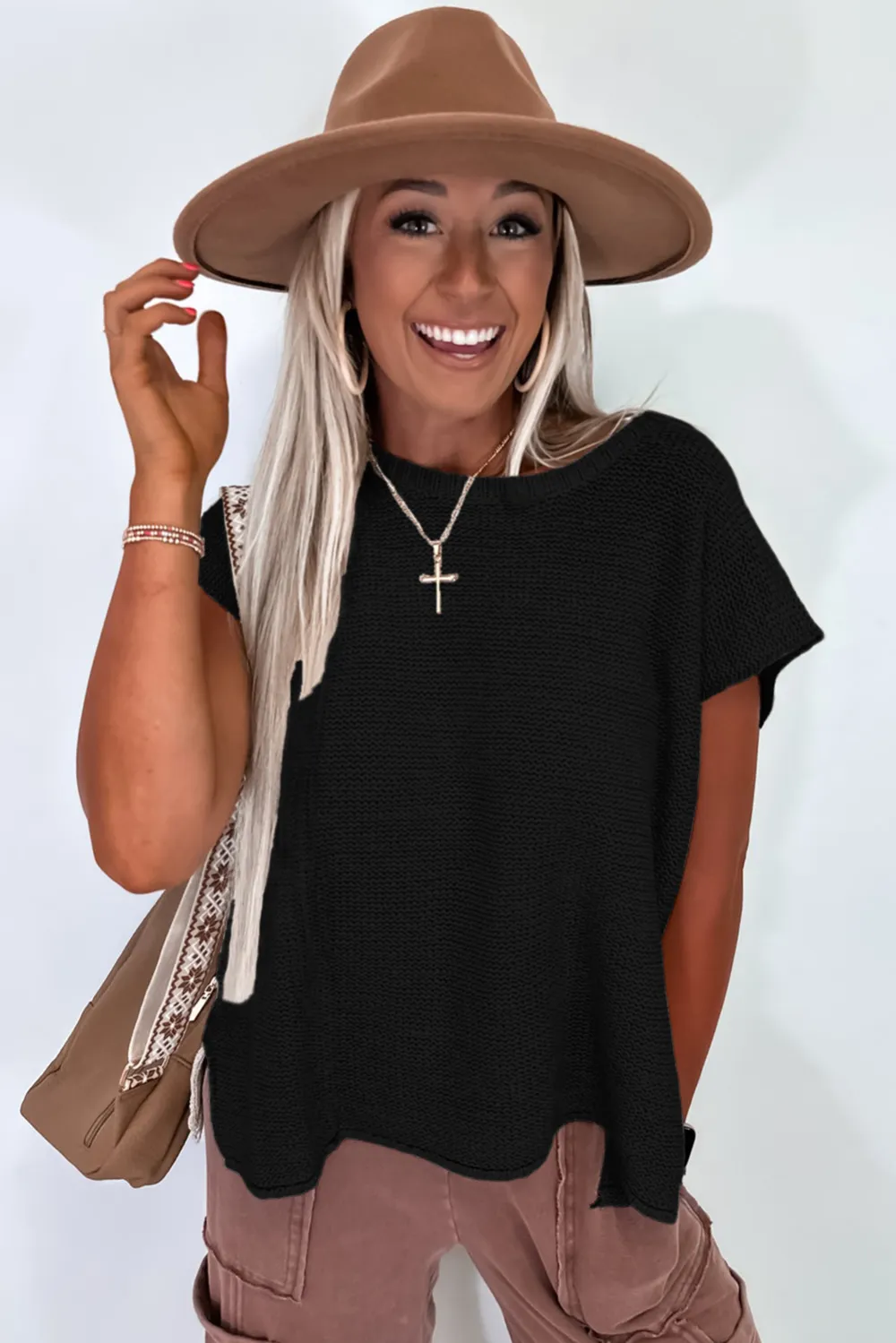 Black Sweater Side Slits Tee