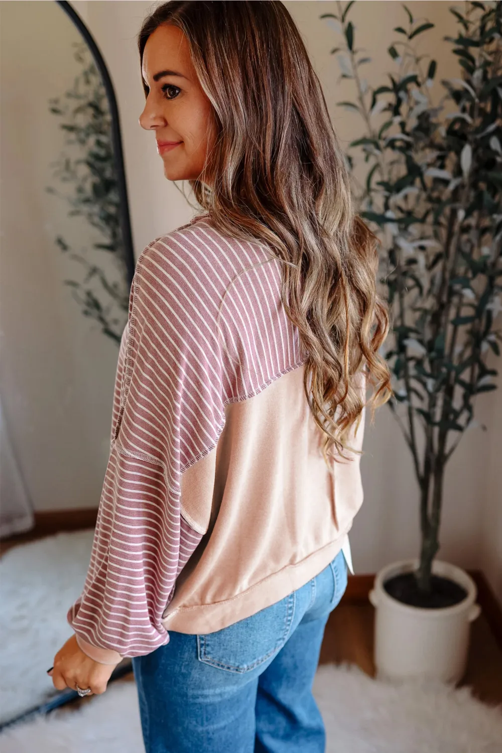 Pink Stripe Exposed Stitching Patchwork Top