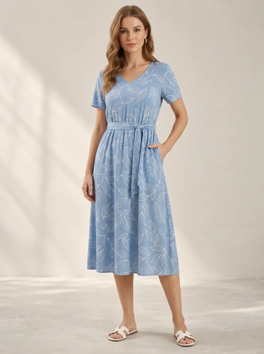 Women's Summer Effortless Leaf V Neck Printed Midi Dress