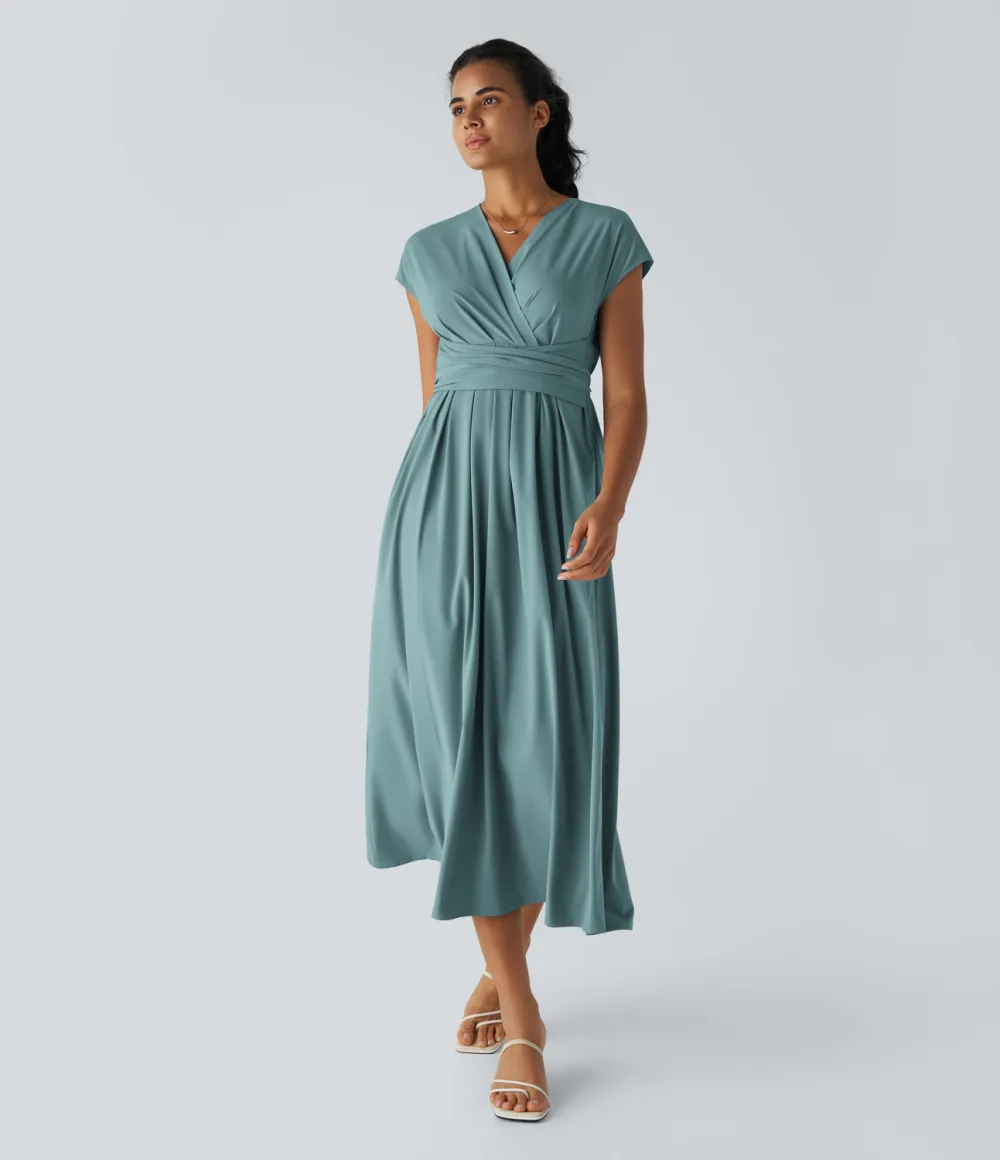 Breezeful V Neck Short Sleeve Side Pocket Tie Back Quick Dry Midi Casual Dress
