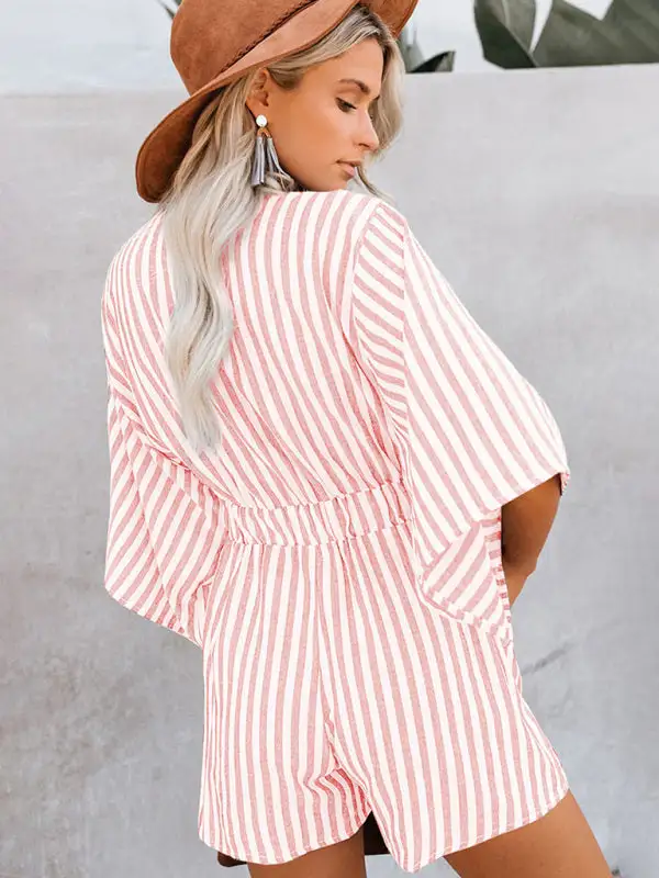 Slim Waist Striped Deep V Trumpet Jumpsuit