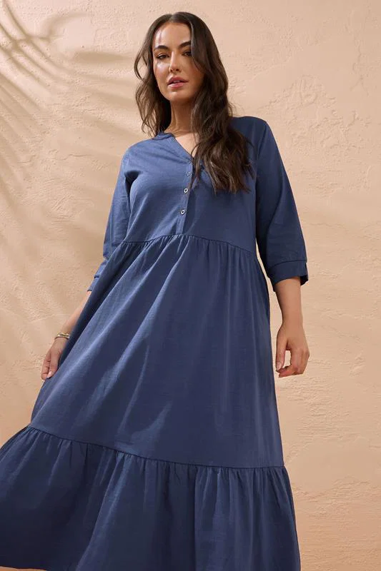 Navy Blue Tiered Cotton Dress detail 1