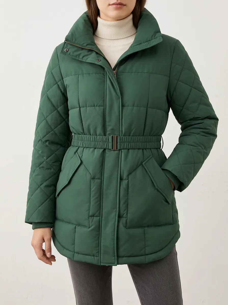 Women's Green Belted Puffer Jacket